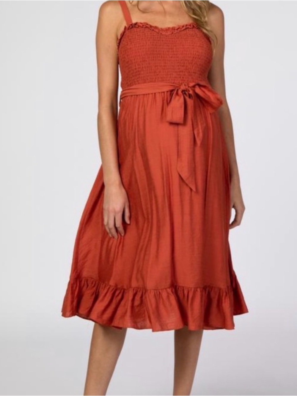 Rust Red Smocked Midi Dress with Waist Tie - Great Maternity Dress